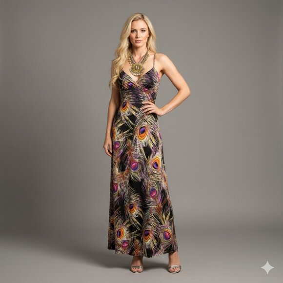 Peacock Print Maxi Dress Size M - Picture 1 of 4